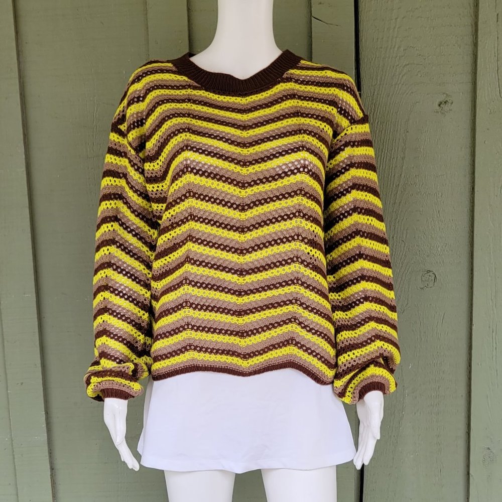 NWT SWEET & SINFUL Brown Yellow Crochet Sweater Small Lightweight